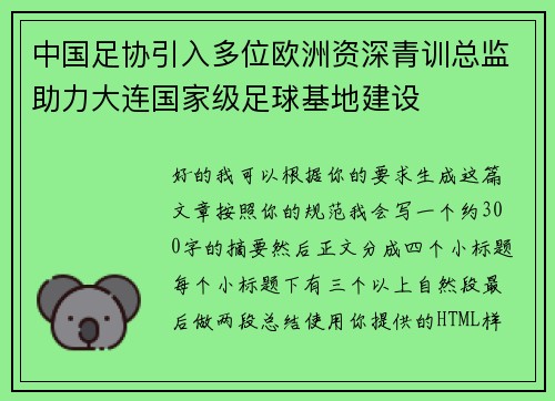 中国足协引入多位欧洲资深青训总监助力大连国家级足球基地建设 中国足协引入多位欧洲资深青训总监助力大连国家级足球基地建设